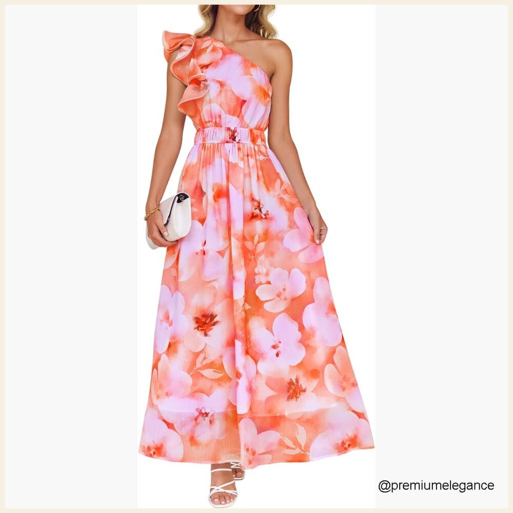 Sleeveless Maxi Dress With One Shoulder Ruffle And Elastic High Waist
